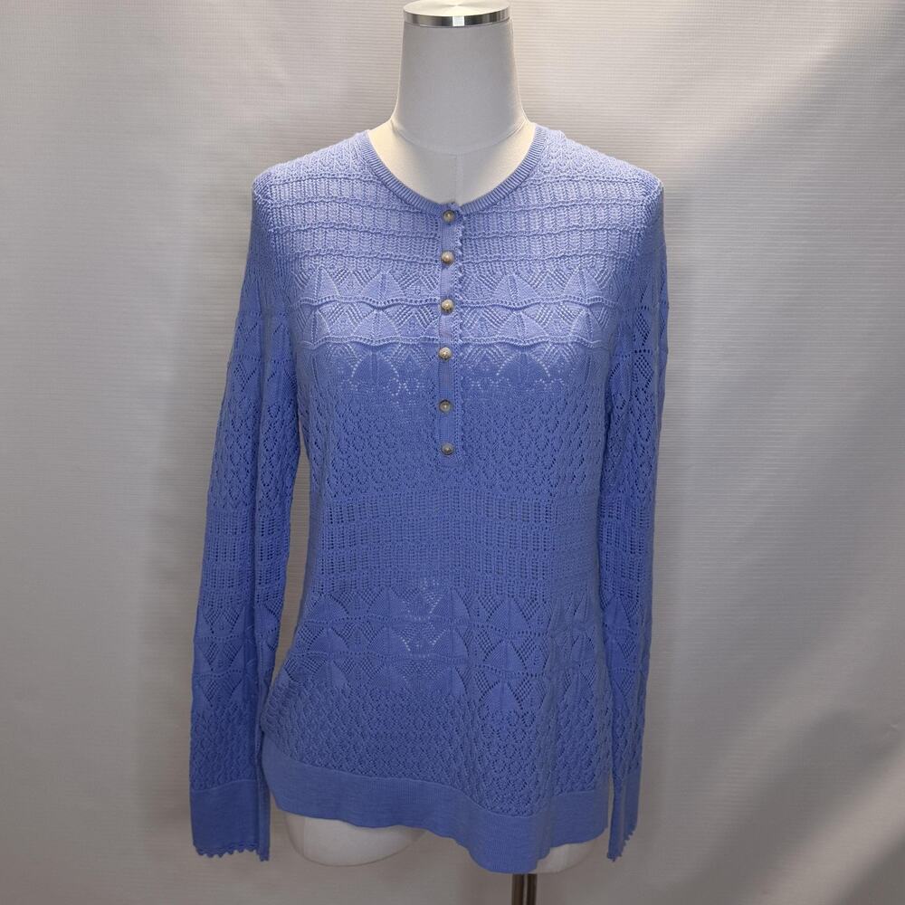 Sundance Sweater Womens Large Blue Open Knit Henley Lined Pullover Long Sleeve